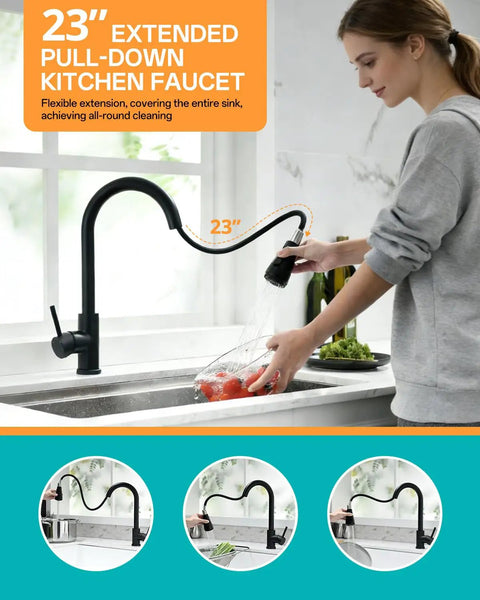 Slick Matte Black Kitchen Faucet With Pull Down Spray And Smooth Single Handle Control Built Like A Brick House With Solid 304 Stainless Steel Absolutely No Sweat Leak Proof Performance Everywhere, 23-inch extension, in sink with tomatoes.