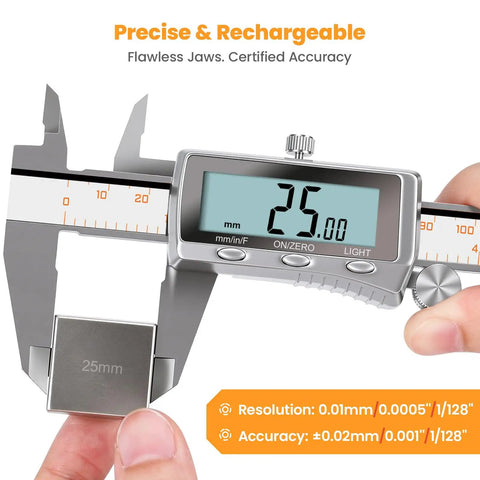 8 Inch Digital Caliper With Rechargeable Battery All Metal Micrometer Backlit LCD Inch To Mm And Fraction Conversion Auto Off