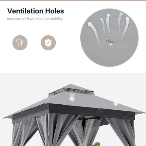 Ventilation holes on Heavy Duty 8x8 Patio Gazebo For Backyard Hangouts, Double Roof Shelter With Mosquito Netting And Privacy Screens, Gray