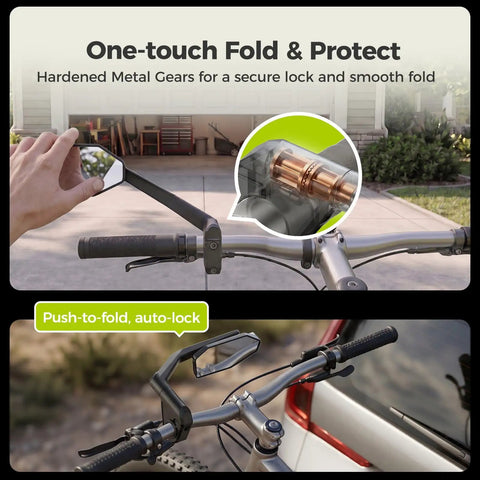 Dead Simple Folding Bike Mirror Built For Handlebars With Tough Metal Gears in close-up on handlebars, showcasing foldable design.