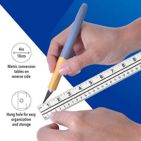 Durable Aluminum Yard And Meter Stick 39 Inch 100 Cm With Metric Conversion Tables And Hang Hole For Home Office Classroom Real Handy For Quick Measurements Graduated In Eighths On One Edge And Millimeters On The Other For Easy Measuring, hand using ruler