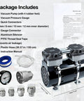 Oil Free Pro Grade Vacuum Pump 50 L/Min 180W Diaphragm With Switch And Vacuum Gauge, aluminum silencer, and connectors.