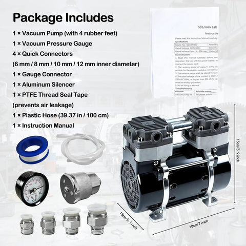 Oil Free Pro Grade Vacuum Pump 50 L/Min 180W Diaphragm With Switch And Vacuum Gauge, aluminum silencer, and connectors.
