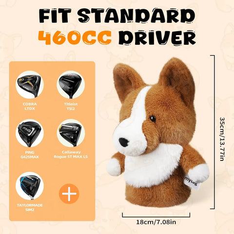 Corgi Driver Headcover Soft Plush Golf Club Cover Brown And White Totally Cute Corgi Design With Realistic Face And Paws