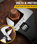4 Piece Adjustable Spud Wrench Set With Gloves For Heavy Duty Worksite Use showing 12 inch crescent wrench with SAE and metric scales.