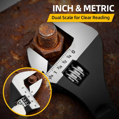 4 Piece Adjustable Spud Wrench Set With Gloves For Heavy Duty Worksite Use showing 12 inch crescent wrench with SAE and metric scales.