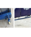 Slick Glide 4 Inch Retractable Factory Door Caster Nylon Spring Shock Absorbing Wheel With Telescopic 30 Mm Stem and Tight Lock Brake visible on blue industrial door.
