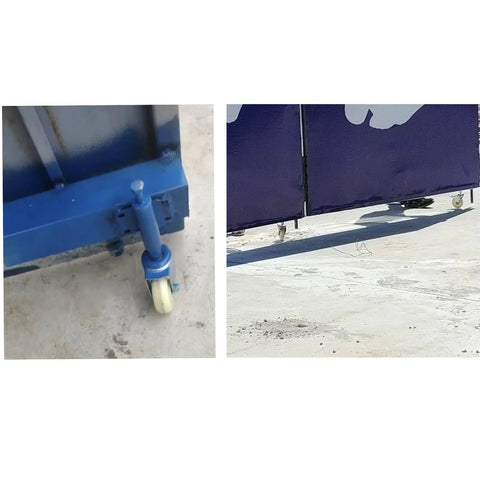 Slick Glide 4 Inch Retractable Factory Door Caster Nylon Spring Shock Absorbing Wheel With Telescopic 30 Mm Stem and Tight Lock Brake visible on blue industrial door.