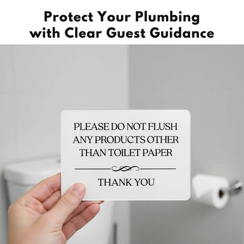 Do Not Flush Sign For Bathrooms White Acrylic Five By Three Point Five Inches held by a hand, with toilet background.