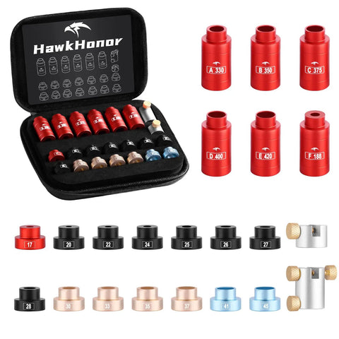 Bullet And Headspace Gauge Comparator Kit With Fourteen Inserts And Six Bushings And Anvil Base For Precise Seating Depth Measurement Of Reloaded Ammo Across Calibers.17 To.45 And Headspace Range.420 To.188 displayed on white background