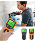 Slick 5 In 1 Wall Scanner And Metal Detector With Live Wire And Wood Stud Finder For Home Reno Or Treasure Hunting No Hassle Electric Box Locator Game Changer in use by a person mounting a wall.