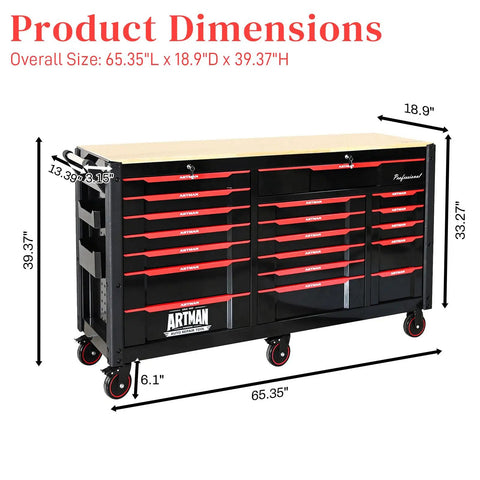66 Inch Rolling Tool Chest With 19 Drawers Heavy Duty Mobile Tool Cart On Wheels Lockable Storage Cabinet For Garage Workshop Warehouse Lab Wood Top Work Bench Built For DIYers And Pros To Tackle Any Project And Store All Your Gear In A Cabinet. dimensions shown