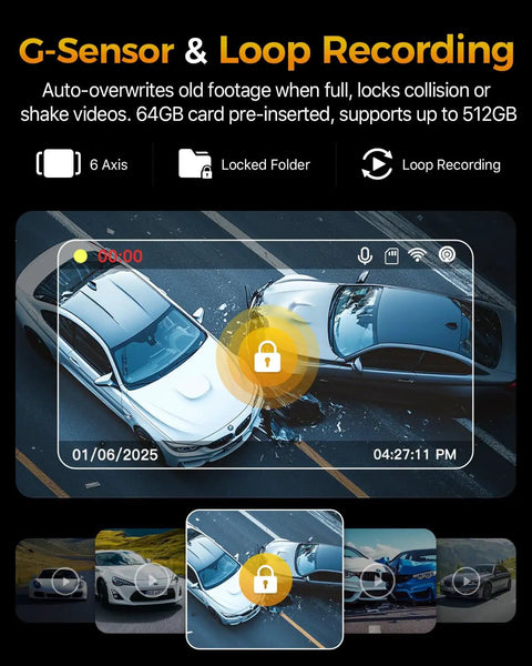 Ultra Clear 4K Triple Channel Dash Cam display showing car collision with G-sensor and loop recording features, 64GB card included.