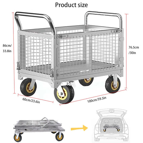Heavy Duty Fold Flat Platform Cart With Reinforced Cage, 39.3x23.6x33.8 inch steel dolly for groceries or warehouse gear.