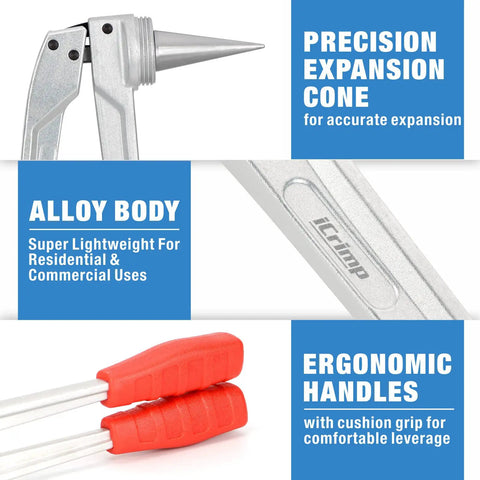 PEX Expander Tool Kit With 1/2 Inch, 3/4 Inch And 1 Inch Expansion Heads, showing precision cone, alloy body, ergonomic handles.