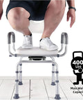 Person standing on 360 Degree Swivel Shower Chair With Armrests And Backrest, Portable Bath Seat For Tub, showcasing stability and 400 lbs capacity.