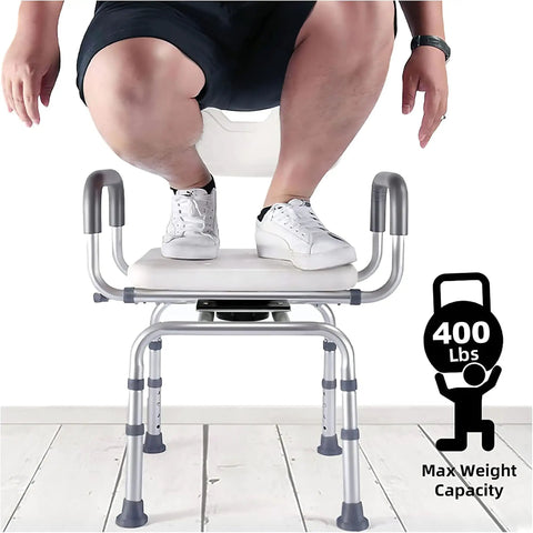 Person standing on 360 Degree Swivel Shower Chair With Armrests And Backrest, Portable Bath Seat For Tub, showcasing stability and 400 lbs capacity.