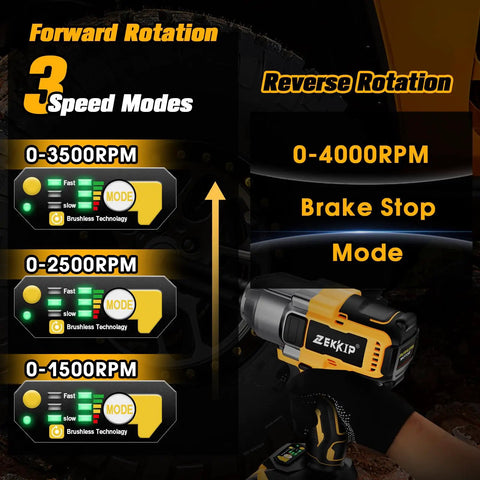 Daily Driver Half Inch Cordless Impact Wrench Kicks Loose Rusted Bolts Using A Smooth Brushless Motor Producing Nine Hundred Fifty Eight Foot Pounds Of Torque Includes Dual Heavy Duty Batteries And Fast Charger For Home Builds showing three speed modes and reverse rotation settings.