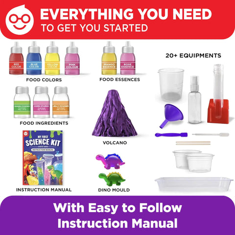 Hands On Science Kit For Kids Aged 4 To 8 With 50 Plus Experiments Real World STEM Activities Fun Learning Projects Educational Toy Gift For Boys And Girls Perfect Easter Or Birthday Gift For Curious Young Minds, showing kit contents including food colors, essences, volcano and dino mold, instruction manual, and equipment.