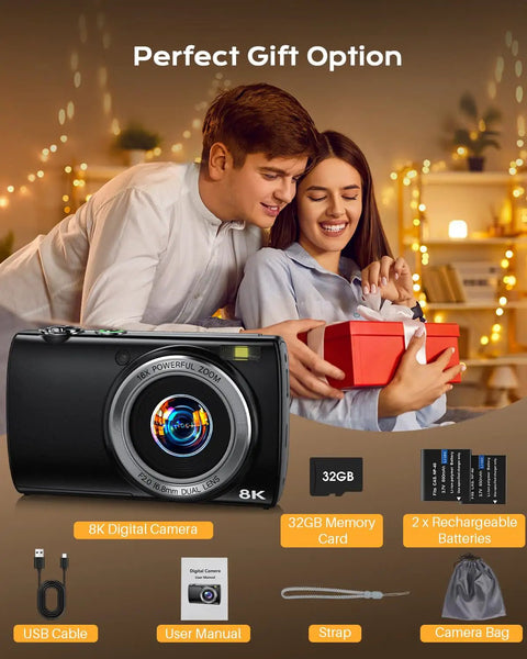 8K Ultra HD Digital Camera for Vlogging and YouTube Photography with accessories, presented as a gift, festive setting.