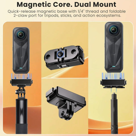 Hella Tight Magnetic Quick Release Adapter With Mechanical Lock And Quarter Inch Thread Compatible With Insta360 X5 X4 Air Ace Pro 2 Vlog Camera Mount, showing magnetic base and dual mount features.