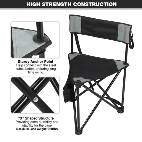 2 Pack Go-To Folding Tripod Camping Chairs with Backrest showing steel legs and sturdy anchor point design