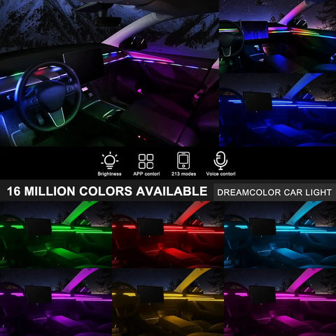 Car Interior LED Strip Light With App Control Dreamcolor RGB 6 In 1 Kit, showcasing ambient lighting in multiple colors