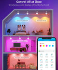 Smart LED downlights shown in four rooms with adjustable color lighting for each space, showcasing Slick Six Inch Smart Retrofit Recessed Can Lights With Wifi Direct Connect Pushing One Thousand Lumens Fully Dimmable Led Downlights Matching Any Vibe And Hooking Up Smoothly With Voice Controls For Straight Up Clean Setup Six Pack.