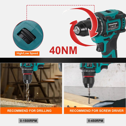 Powerful 18V Cordless Drill Driver With 354 In-Lbs Max Torque, showing high/low speed settings, drilling and screw driving applications