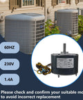 Condenser Fan Motor For AC Unit 1/4 HP 1100 RPM 208 230V Replacement shown with outdoor AC units, specs displayed