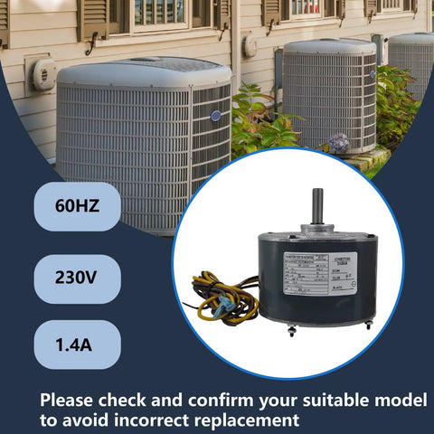 Condenser Fan Motor For AC Unit 1/4 HP 1100 RPM 208 230V Replacement shown with outdoor AC units, specs displayed