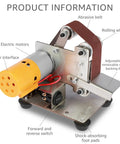 Compact Mini Belt Sander Pack A Punch With Quick Adjust Speed Dial showing electric motor, abrasive belt, and control panel.