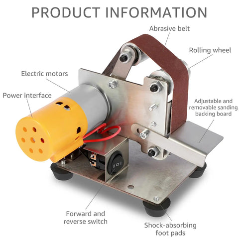 Compact Mini Belt Sander Pack A Punch With Quick Adjust Speed Dial showing electric motor, abrasive belt, and control panel.