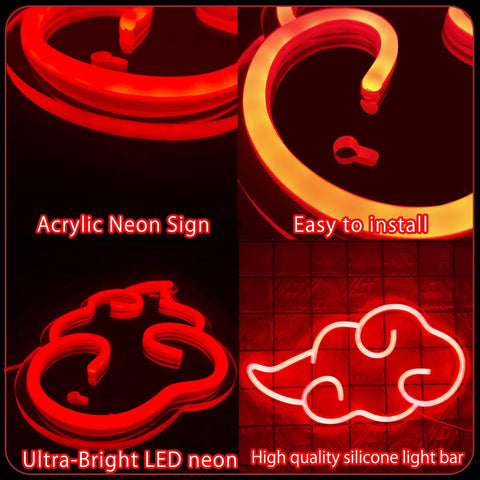 Anime Neon Sign Cloud LED Wall Light With Dimmable USB Power For Bedroom Game Room Man Cave Party Decor Dope Red Cloud Neon Night Light Gift For Son Or Boyfriend 12x7 Inches in various views showing details of red cloud design, easy installation, and silicone quality.