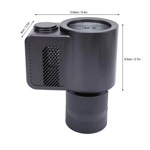12 Volt Car Cup Holder With Digital LCD Screen, Smart Dual Temp Beverage Chiller And Warmer with dimensions and sleek design.