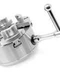 3.75 Inch 4-Jaw Self-Centering Lathe Chuck Set With 1-Inch By 8TPI Thread, The Workhorse For Bowls And Spindles, angled view with handle