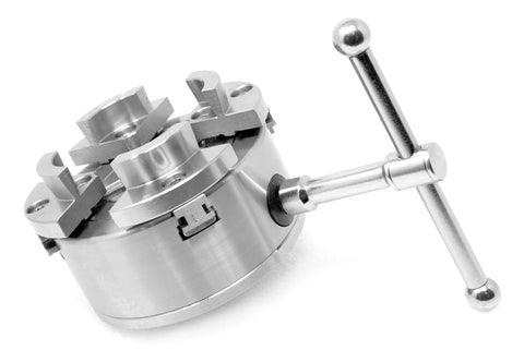 3.75 Inch 4-Jaw Self-Centering Lathe Chuck Set With 1-Inch By 8TPI Thread, The Workhorse For Bowls And Spindles, angled view with handle