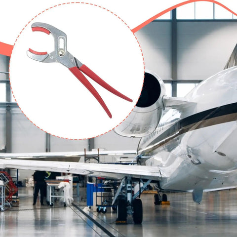 Soft Jaw Cannon Plug Plier For Aviation With A Wide 20mm To 64mm Range In Metal And PP Heavy Duty Build, tool shown with aircraft
