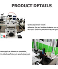 Automatic Label Applicator With Integrated Code Printer For Round Bottles High Speed Chain Conveyor And Receiving Tray showing spoke adjustment handles and label inspection.