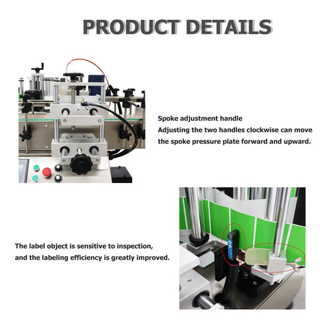 Automatic Label Applicator With Integrated Code Printer For Round Bottles High Speed Chain Conveyor And Receiving Tray showing spoke adjustment handles and label inspection.
