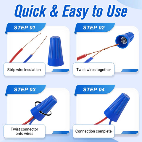 Blue insulated wire connector caps with stripped copper wires; 350-piece assorted electrical wire nuts kit.