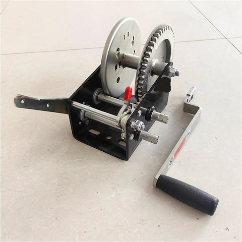 Heavy Duty 2500 Lb Two Way Self Locking Manual Winch Portable Electric Hoist Crane Rigging Gear For Shop Lifting Work Crank Puller showing gears and handle.