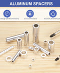 16 Piece Aluminum Spacers With 5/16 Inch Inner And Half Inch Outer Diameter Rock Solid Unthreaded Standoffs For M8 Bolts And Rods Sweet Silver Coating For No Sweat Mechanical Builds laying on a wooden surface.