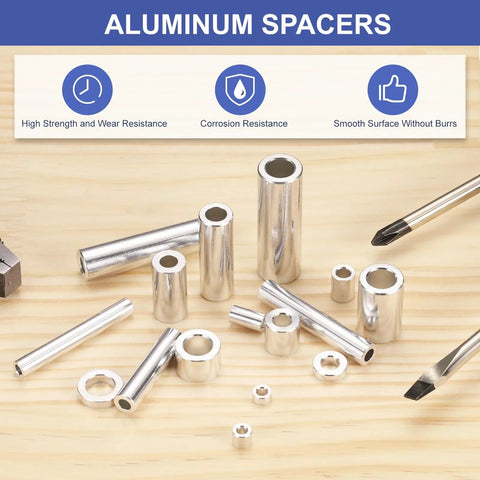 16 Piece Aluminum Spacers With 5/16 Inch Inner And Half Inch Outer Diameter Rock Solid Unthreaded Standoffs For M8 Bolts And Rods Sweet Silver Coating For No Sweat Mechanical Builds laying on a wooden surface.