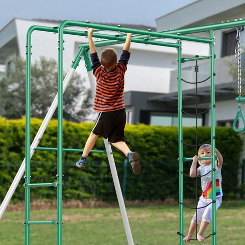 Children playing on backyard swing set with monkey bars, belt swing, platform swing, climbing net, trapeze bar, durable steel frame.