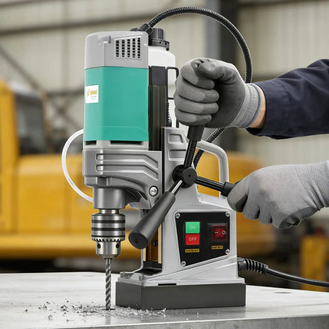Massive 2-Inch Industrial Magnetic Drill Press With 1450W Motor For Heavy Duty Metal Work in use, drilling into steel.
