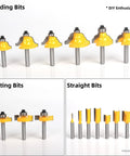 Router Bit Set 35 Pc 1/4 Inch Shank Professional Woodworking Kit showing beading, slotting, and straight bits with carbide blades.