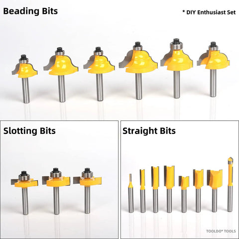Router Bit Set 35 Pc 1/4 Inch Shank Professional Woodworking Kit showing beading, slotting, and straight bits with carbide blades.