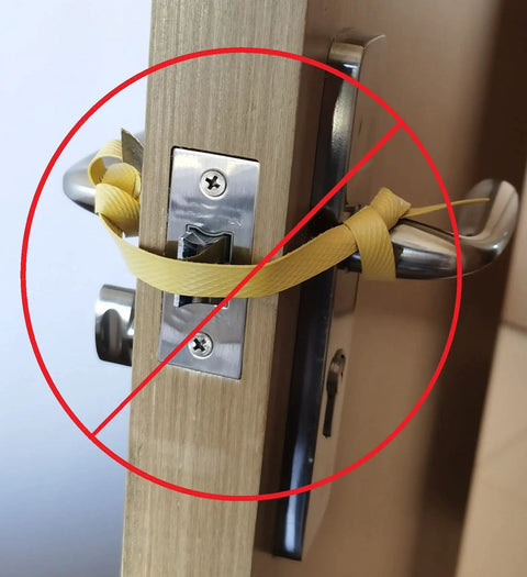 Incorrect door locking method depicted with ribbon and handle, highlighting the need for Instant Magnetic Door Lock Strips For Frames