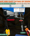 Dremvoist 1760Lb Electric Hoist Winch with remote control, 1450W motor and steel wire rope for garage lifting.